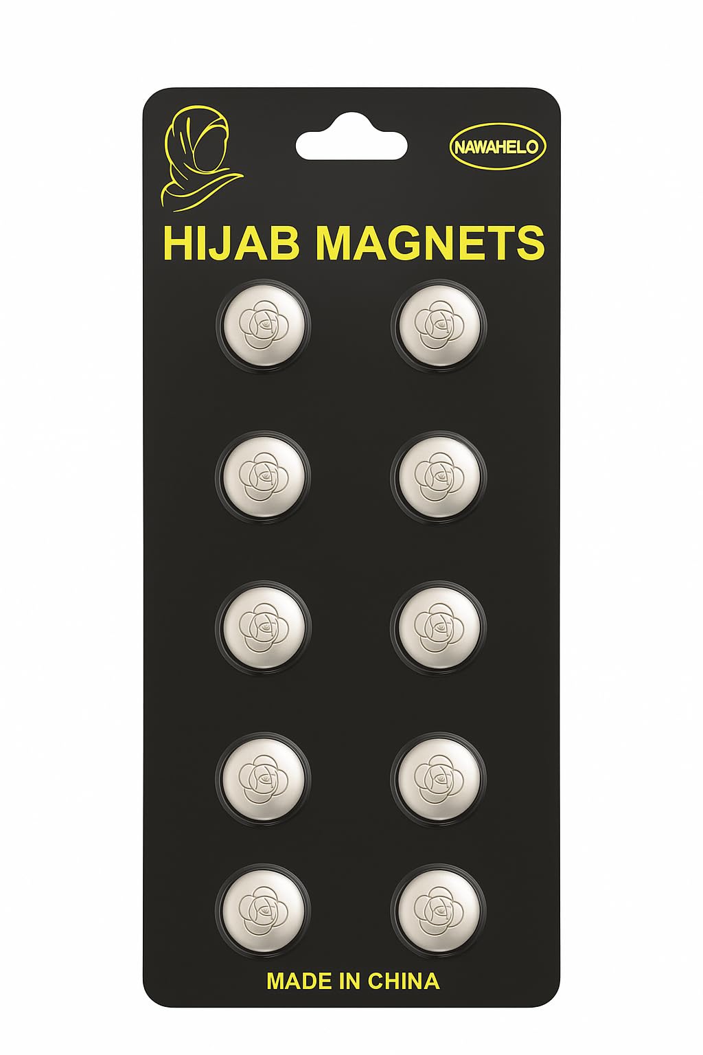 Set of 12 magnetic hijab pins by 7AGAT with no-snag safety design and strong hold for scarves, shown with scarves in the image.