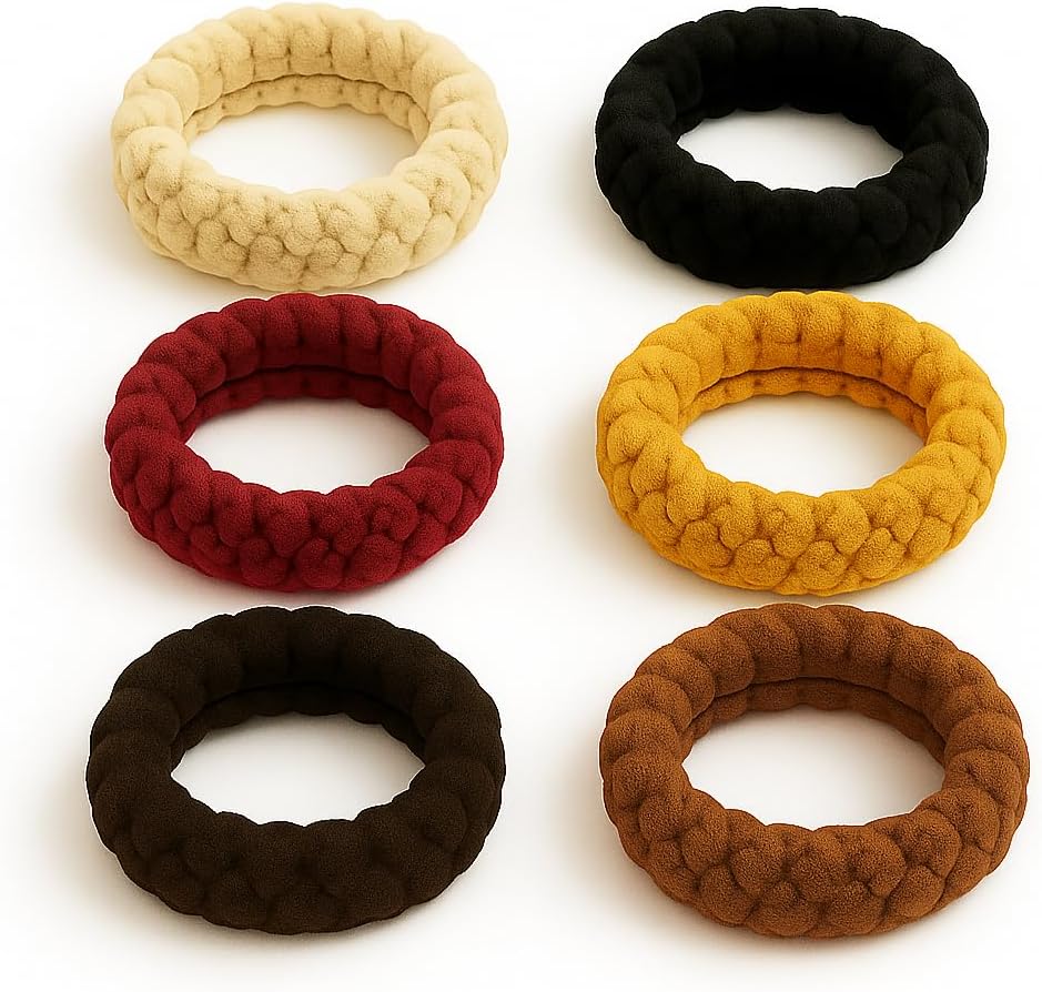 Set of 6 thick, soft elastic ponytail holders by 7AGAT, seamless hair ties for women and girls, gentle on hair and secure.