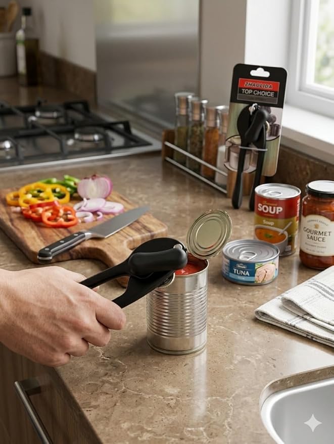 7AGAT stainless steel manual can opener with ergonomic plastic handle, sharp cutting wheel, compact design for kitchen and outdoor use