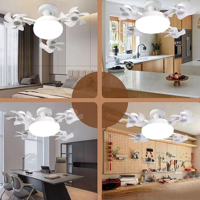 White ceiling fan with LED light, flower-style blades, remote control, E27 socket, 3-color dimmable, low noise, made of ABS and metal