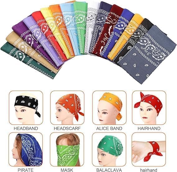 7AGAT multipurpose bandana scarf used as head, neck, face cover, or handkerchief, featuring vibrant patterns and versatile wear options.