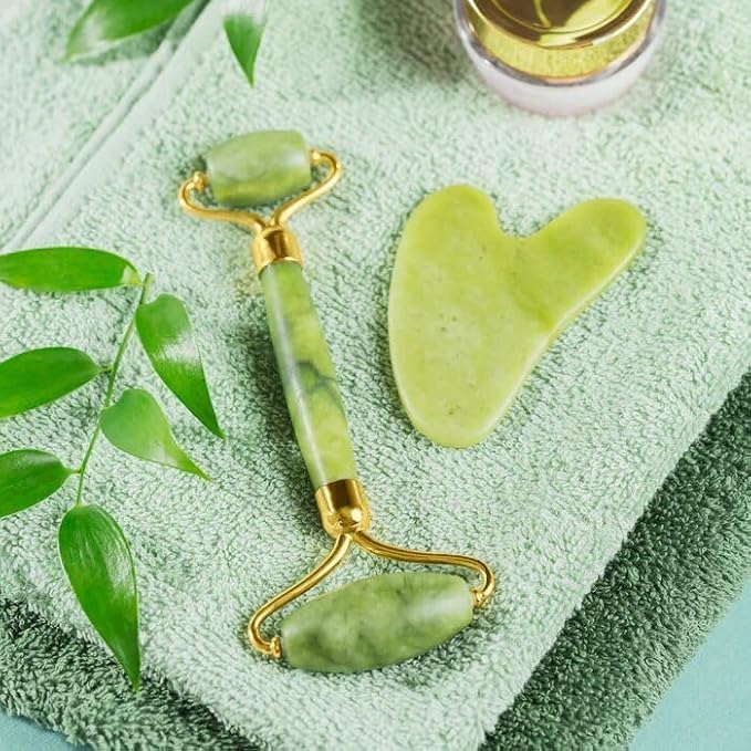 7AGAT natural jade roller and Gua Sha set for facial massage, double-sided skin care tool for anti-wrinkle and skin rejuvenation