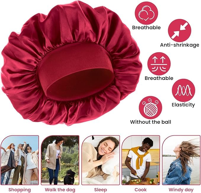 Soft satin sleep bonnet by 7AGAT, with wide elastic band, adjustable hair wrap, ideal for curly and frizzy hair protection overnight.