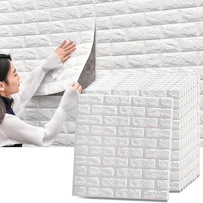 White 3D brick wall sticker by 7AGAT, waterproof foam panel wallpaper for living rooms, bedrooms, and kitchens, peel and stick design.