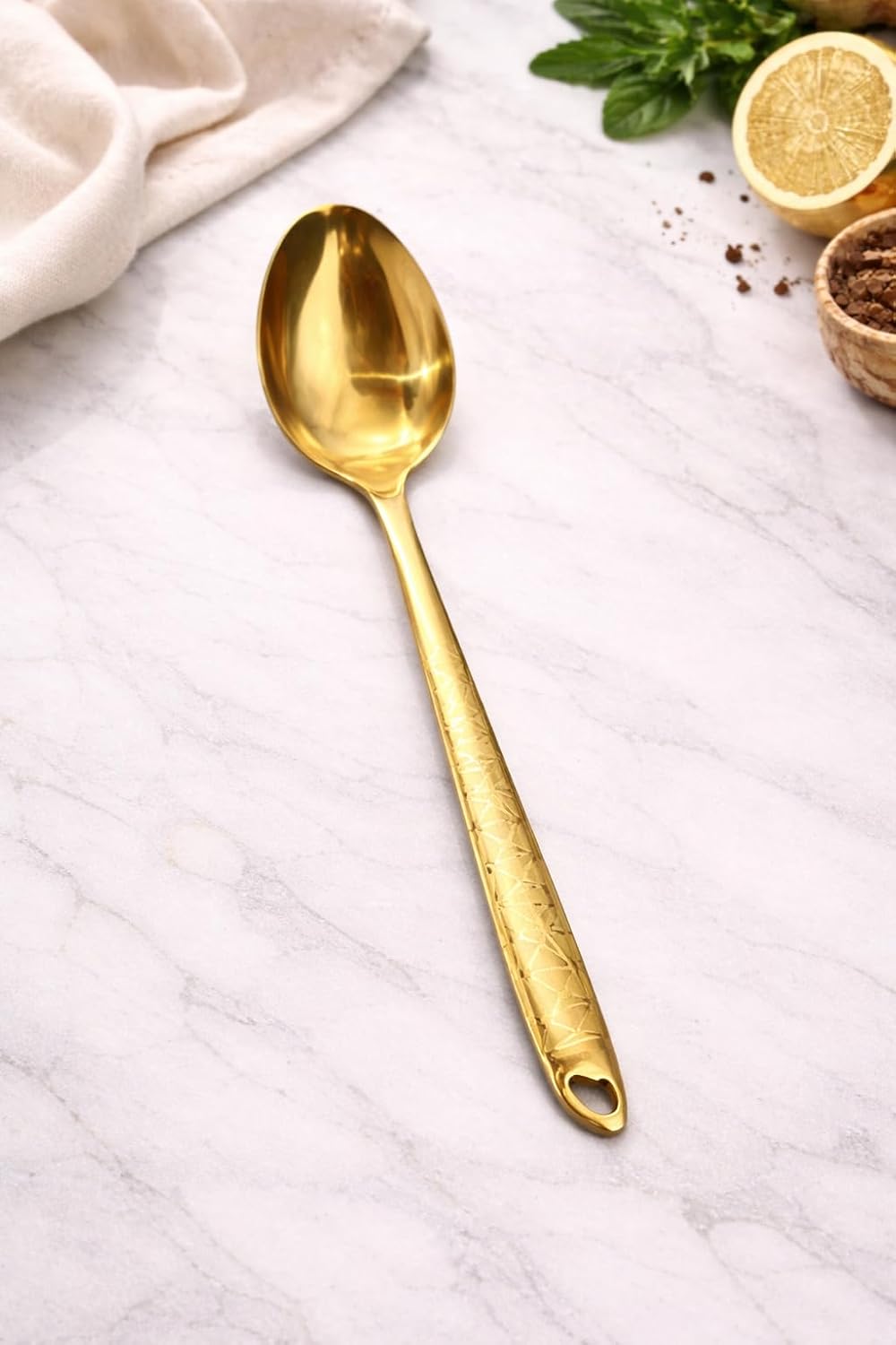 7AGAT stainless steel kitchen utensil with ergonomic handle, heat and rust-resistant, dishwasher safe in silver, gold, and rainbow finishes.