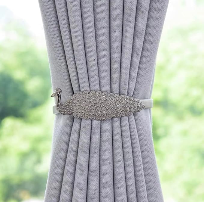 Gold leaf carved aluminium alloy curtain tiebacks with snap button, elastic adjustable, modern style for living room, bedroom, bathroom, 2 pack.