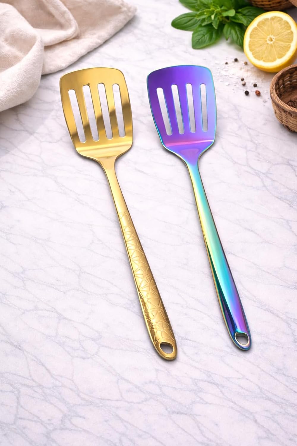 7AGAT stainless steel kitchen utensil with ergonomic handle, heat and rust resistant, dishwasher safe, in silver, gold, and rainbow finishes.