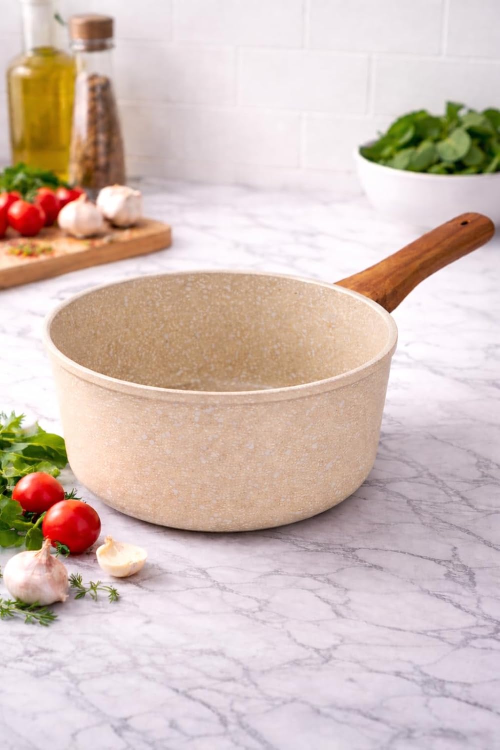 7AGAT non-stick saucepan with wooden handle and granite speckled coating, ideal for sauce, soup, and pasta cooking.