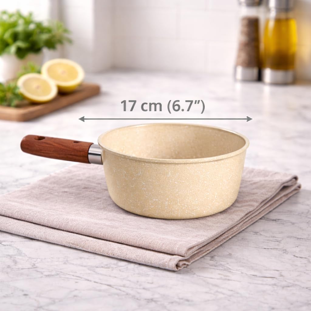 7AGAT non-stick saucepan with wooden handle, granite speckled coating, ideal for sauces, soups, and pasta, easy to clean.