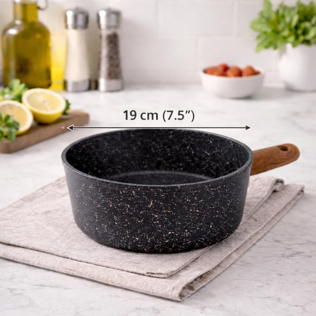 7AGAT non-stick saucepan with wooden handle, granite speckled coating, ideal for sauces, soups, and pasta cooking.