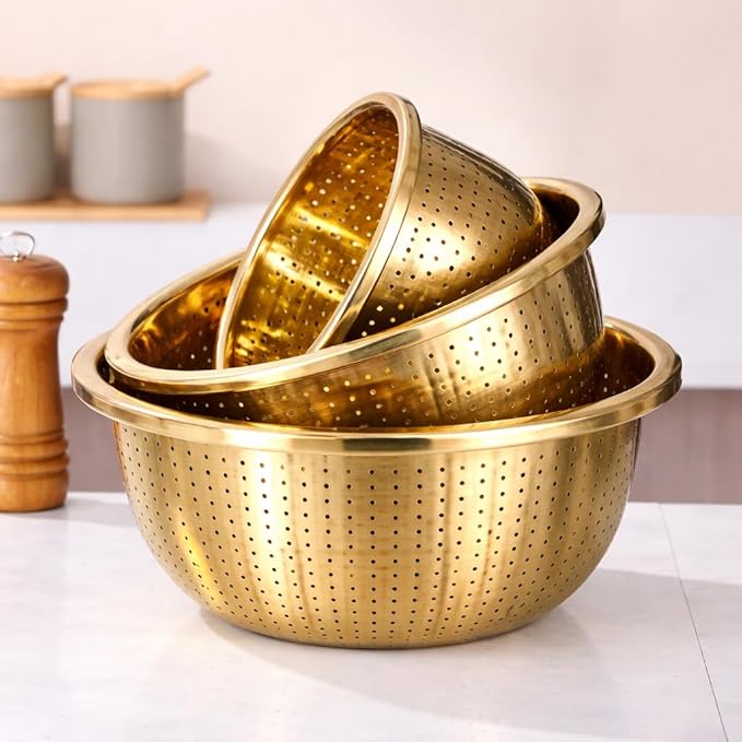 Set of three stainless steel bowls with gold finish from 7AGAT, ideal for food prep, washing, and serving in the kitchen.