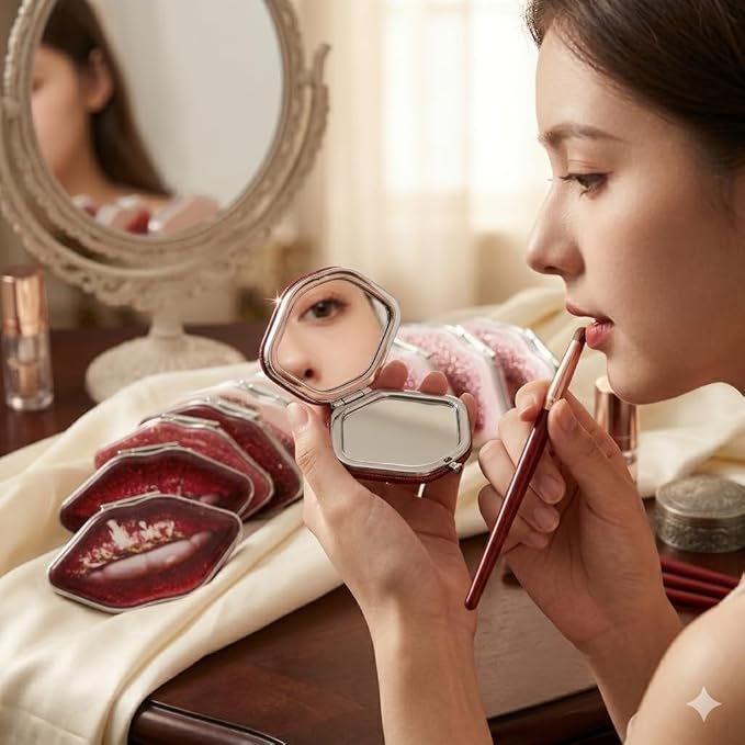 7AGAT compact makeup mirror with regular and magnifying glass, metal and glass construction, foldable design, featuring stylish lip artwork.