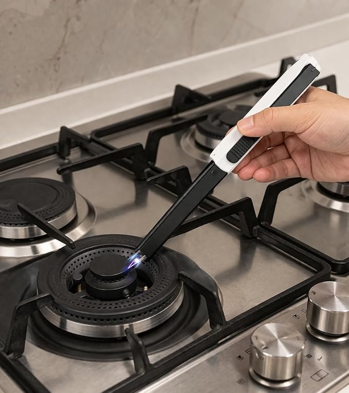 7AGAT long handle gas stove spark lighter with manual piezo igniter, black and white, used for stoves, ovens, and BBQs.