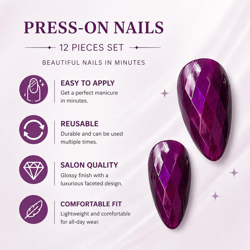 Set of 12 glossy almond-shaped press-on nails by 7AGAT, reusable ABS fake nails for daily wear and special occasions.
