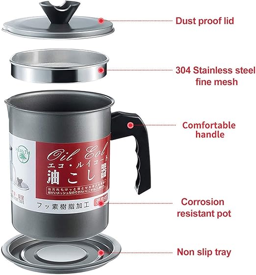 Stainless steel 7AGAT Kitchen Oil Strainer Pot with fine mesh filter, 1.4L oil dispenser for frying oil and cooking grease.