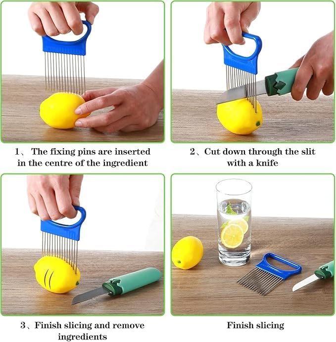 Multicolor vegetable holder slicer with stainless steel prongs, kitchen cutting guide tool for peeling, grating, and slicing tasks.