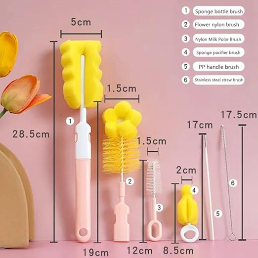 Six-piece baby bottle cleaning brush set with straw cleaner, sponge, and bristle brushes in pink and yellow by 7AGAT.