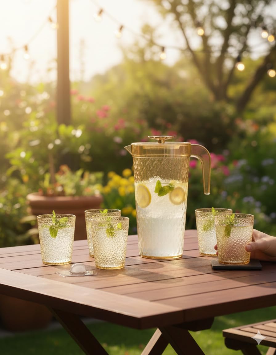 Acrylic water pitcher with 4 matching cups from 7AGAT, lightweight, durable tableware set with easy-pour spout for beverages.