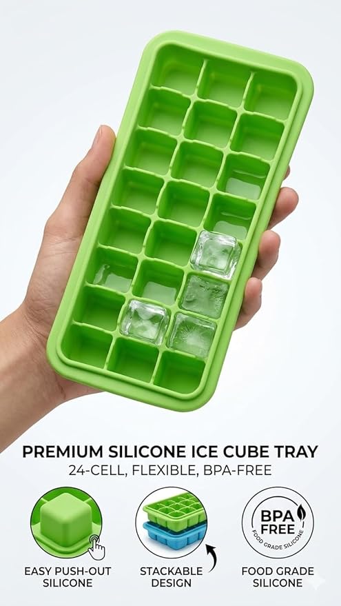 Flexible silicone ice cube mold with 24 compartments, food-grade material, perfect for drinks, juices, and desserts.