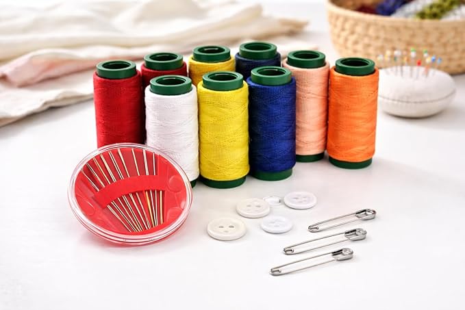 Portable 7AGAT sewing kit with 10 colorful thread spools and 8 assorted needles, ideal for home, travel, and emergency repairs.