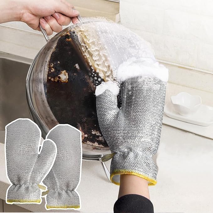 Pair of waterproof wire dishwashing gloves from 7AGAT Shopping with steel fiber, heat and oil-resistant for kitchen cleaning.