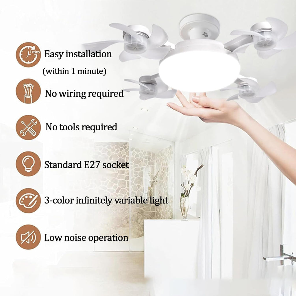 White 7AGAT ceiling fan with LED light, flower-style blades, remote control, E27 socket, 3-color dimmable, low noise