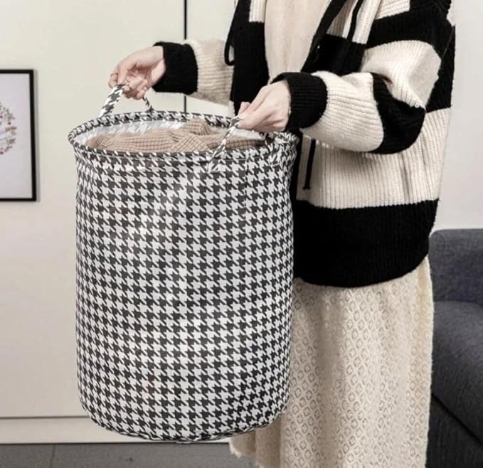 Round collapsible laundry basket with handles, houndstooth pattern, waterproof polyester, 40cm x 35cm foldable storage hamper.