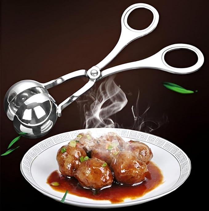 7AGAT stainless steel meatball scoop with ergonomic handle for ice cream, dough, and food portioning, 17 cm silver utensil.