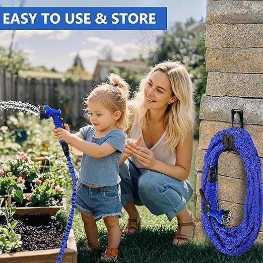 Lightweight 7AGAT expanding garden hose in a garden, showing its automatic expand and contract feature for easy storage.