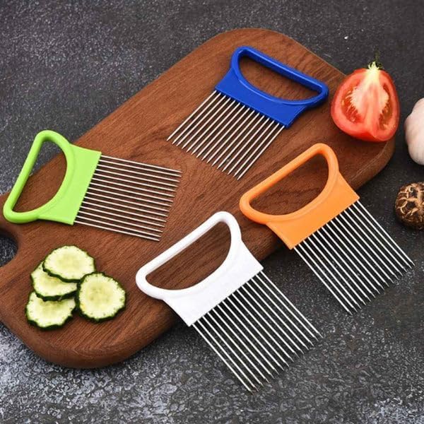 Multicolor vegetable holder and slicer with stainless steel prongs, kitchen cutting guide tool for peeling, grating, and slicing.