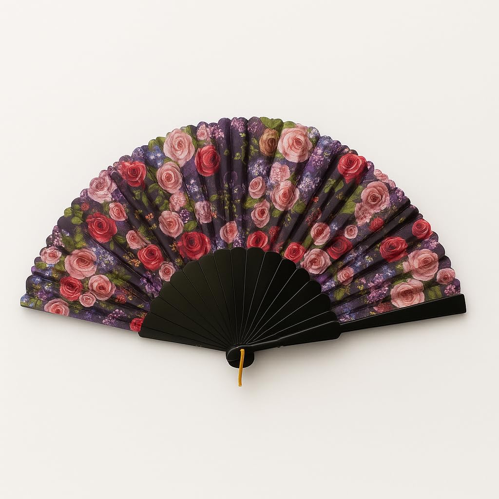 Elegant classical silk handheld folding fan with intricate Chinese and Spanish design, ideal for weddings, parties, and home decor.