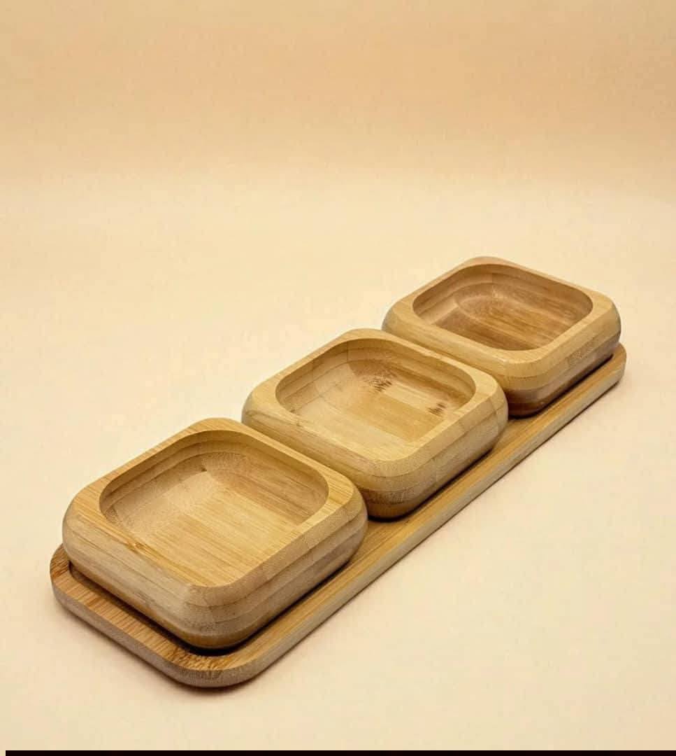 7AGAT bamboo serving tray set with three square bowls for snacks, fruit, candy, and appetizers, wooden tableware for serving.