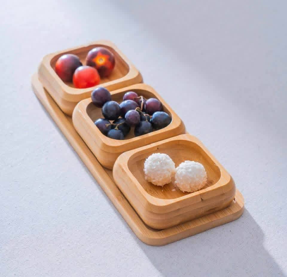 7AGAT bamboo serving tray set with three square bowls for snacks, fruit, candy, and appetizers, made of natural wood.