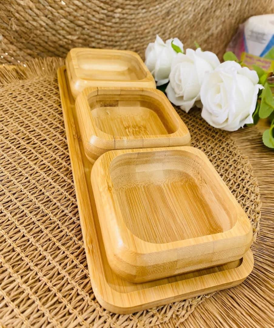7AGAT bamboo serving tray set with three square bowls for snacks, fruit, candy, and appetizers, wooden tableware for serving.