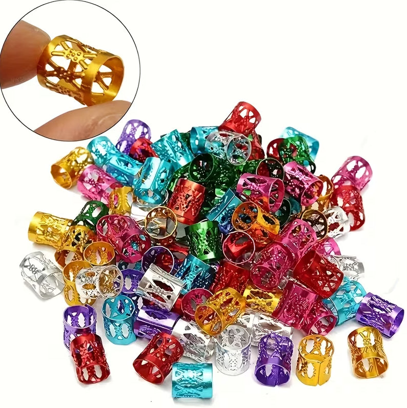 Colorful plastic hair braid beads in multiple colors, 50-piece set for braids, ponytails, and hairstyles for girls and women.