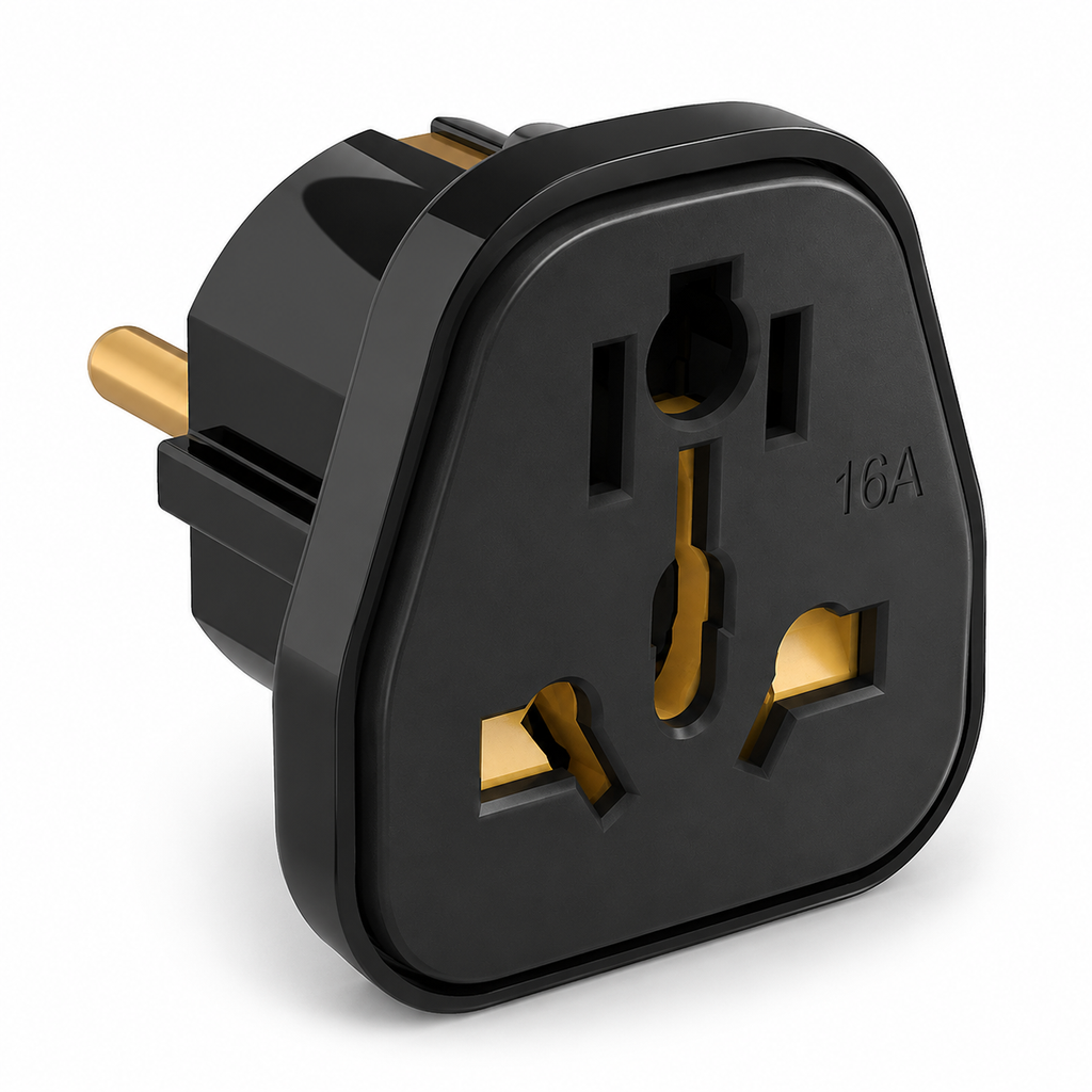 iLOCK Slim universal plug adapter by 7AGAT, compact white travel power converter with multi-standard socket for 16A 250V devices