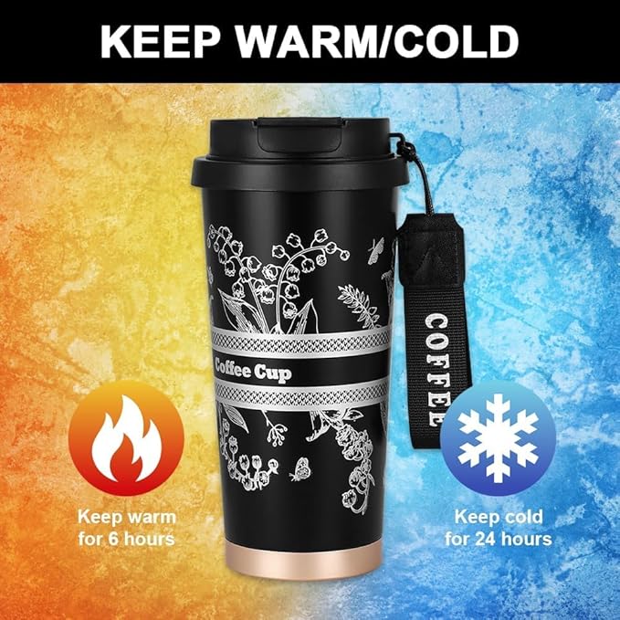 7AGAT travel coffee cup made of SUS316 stainless steel with 2-in-1 leak-proof lid for hot or cold drinks, BPA-free reusable thermos flask.