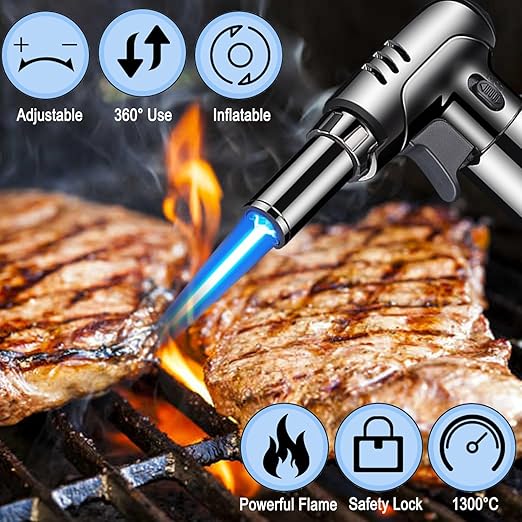 7AGAT professional kitchen butane torch lighter with adjustable flame and safety lock, ideal for creme brulee, BBQ, and baking.