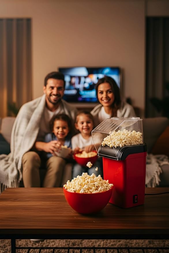 7AGAT hot air popcorn popper machine showing a sleek white design for healthy, oil-free popcorn during movie nights and parties.