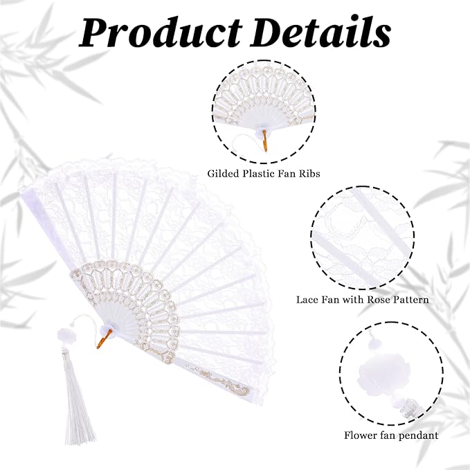 White lace Chinese folding hand fan by 7AGAT, vintage style, foldable design for parties, weddings, and dance decor.