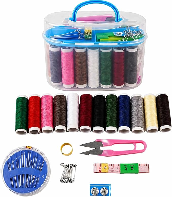 Colorful sewing kit with thread spools, needles, scissors, pins, and portable storage case by 7AGAT for home and travel use.