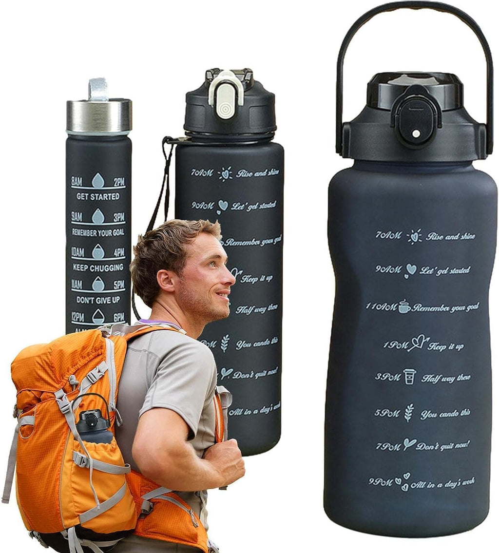 3-Piece Sports Water Bottle Set with Time Markers, Black, Flip-Top Lids and Carrying Handles for Gym, Work, Travel and Outdoor Use