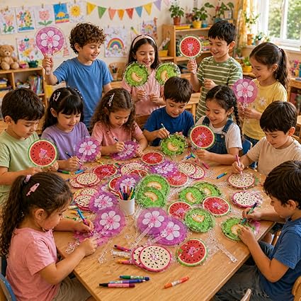 Colorful folding hand fan for kids by 7AGAT featuring cute fruit cartoon design, lightweight summer cooling fan, portable and fun.