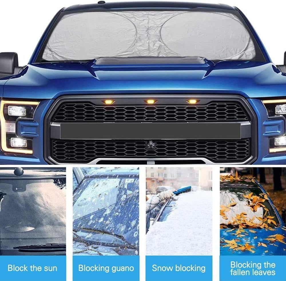 Foldable 7AGAT silver polyester car sunshade showing UV and heat protection, designed for universal fit, with reflective silver surface.