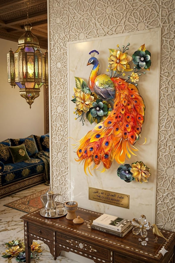 3D peacock wall sticker with gold decorative frame, luxury realistic wallpaper decor, 30x40 cm, niche effect with spotlight by 7AGAT