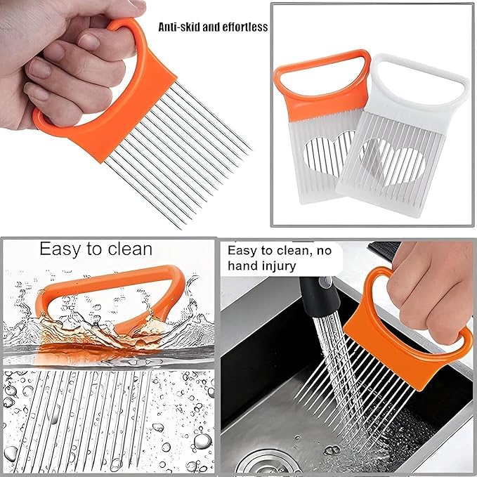 Multicolor vegetable holder and slicer with stainless steel prongs, kitchen cutting guide tool for peeling, grating, and slicing.