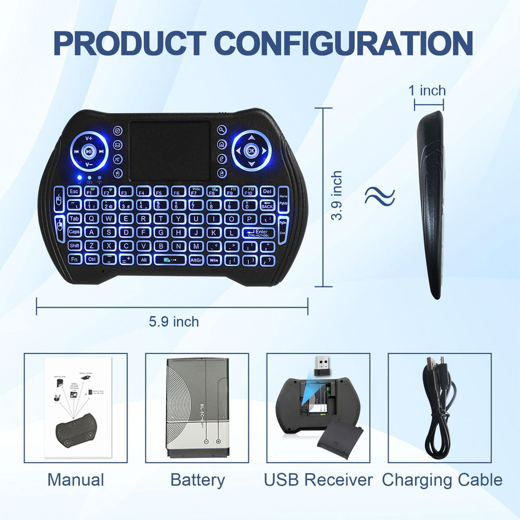 7AGAT mini wireless keyboard with touchpad and multimedia keys, compatible with Android TV, PC, PS3, Xbox, and smart devices.
