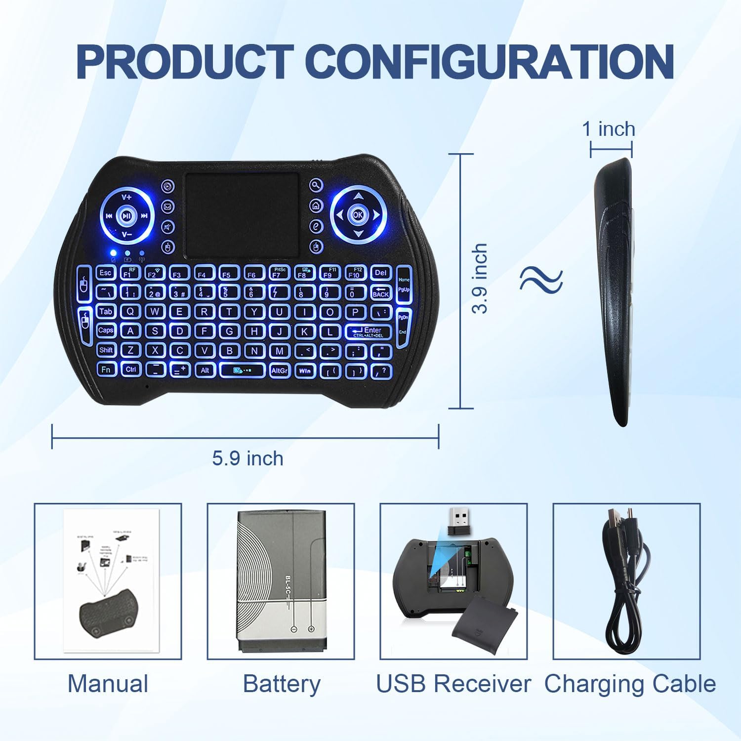 7AGAT mini wireless keyboard with touchpad and multimedia keys, compatible with Android TV, PC, PS3, Xbox, and smart devices.