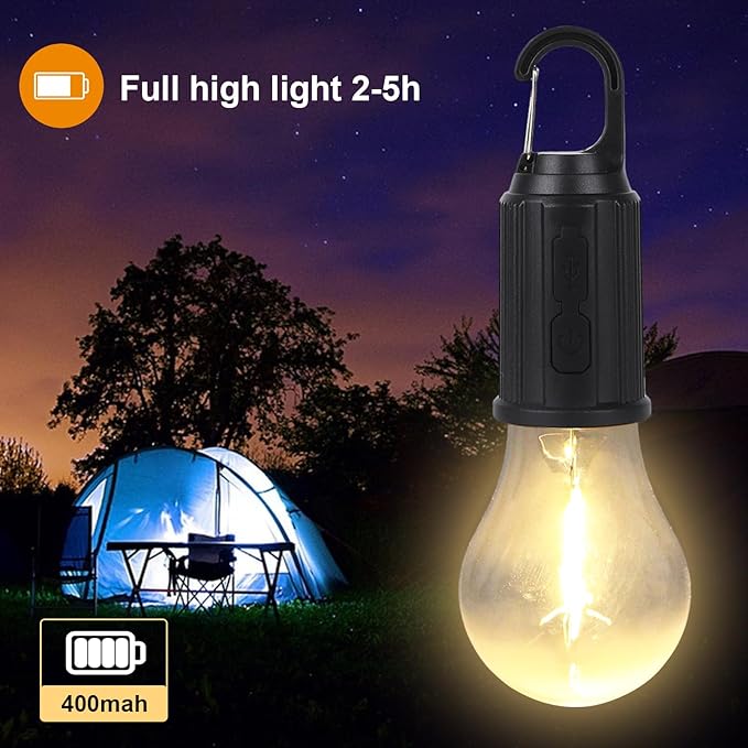 Rechargeable LED Light Bulb with Type-C Charging, 3 Lighting Modes and Hanging Hook for Home, Emergency and Camping