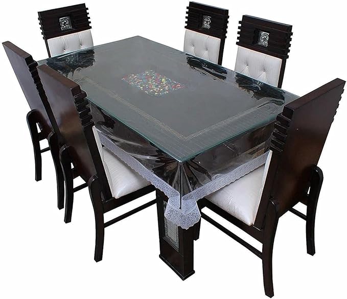 Transparent PVC table cover with lace edges from 7AGAT, waterproof and easy to clean for dining tables.